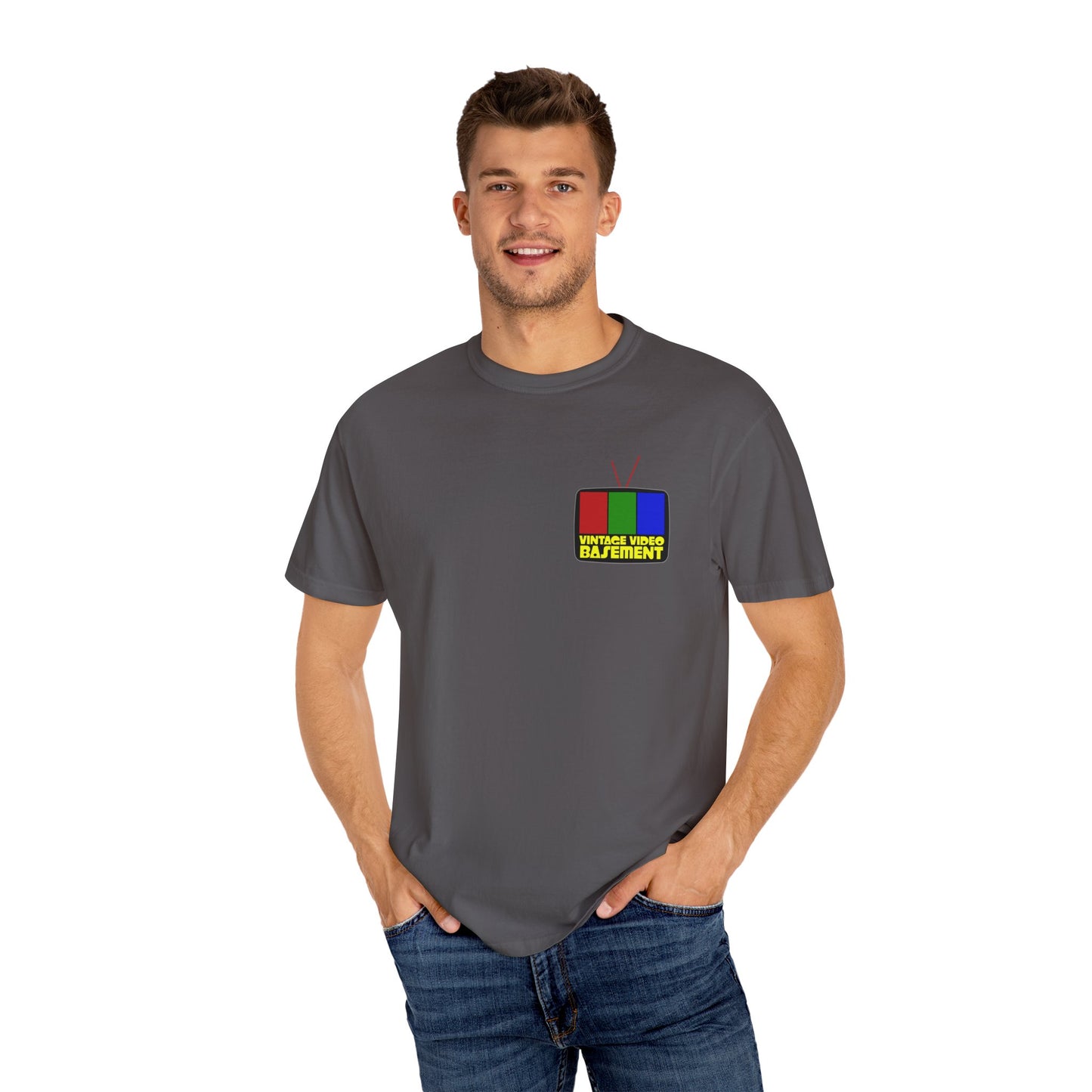 Vintage Video Basement Logo - Unisex Garment-Dyed T-shirt
