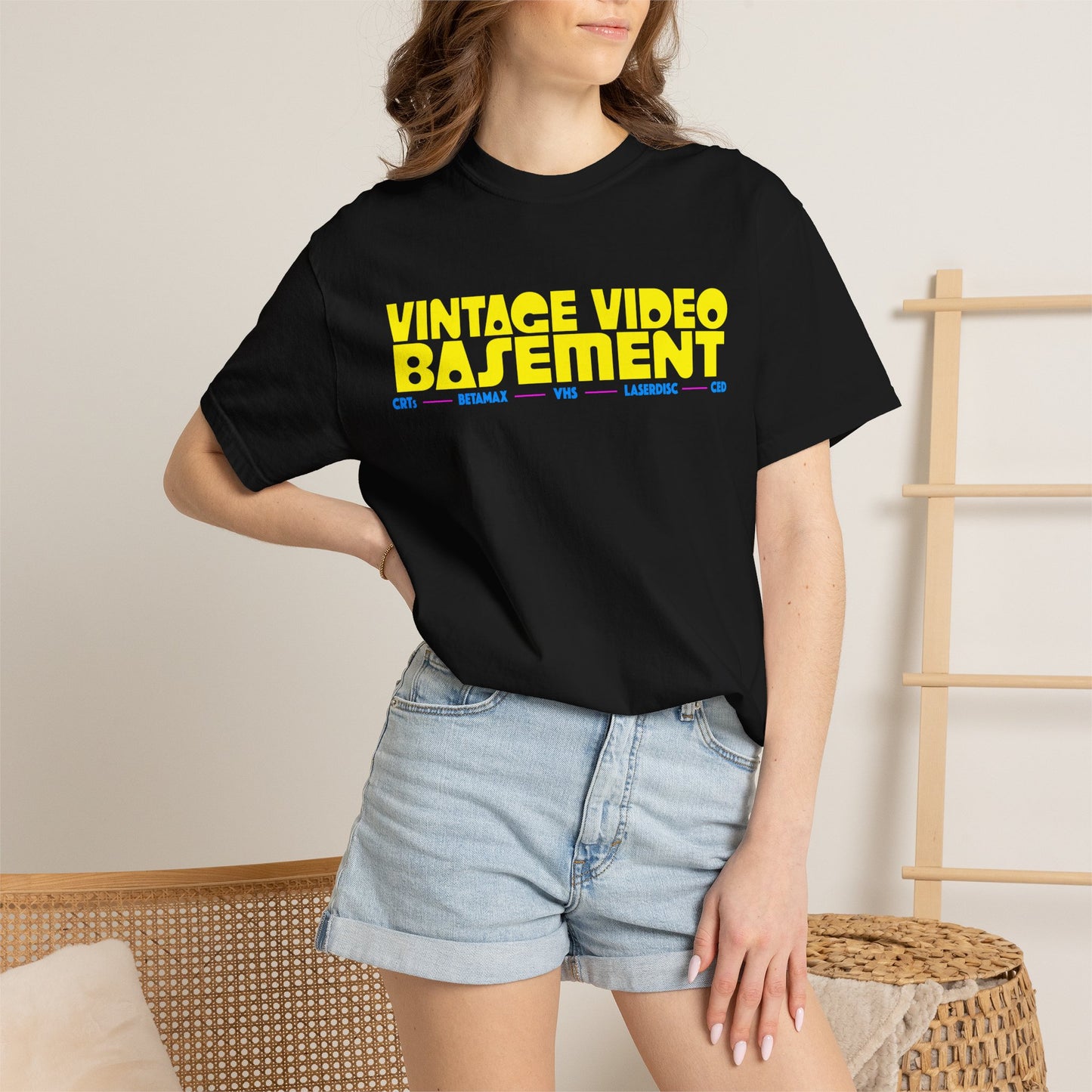 Vintage Video Basement Text (Unisex Garment-Dyed T-shirt)
